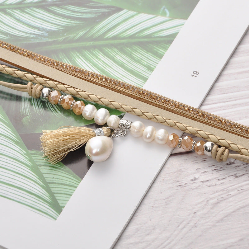 HUFE Stylish Amazon Best-Selling Multi-Layer Cowhide Women's Bracelet with Freshwater Pearl, Crystal, and Tassel Details and Magnetic Closure