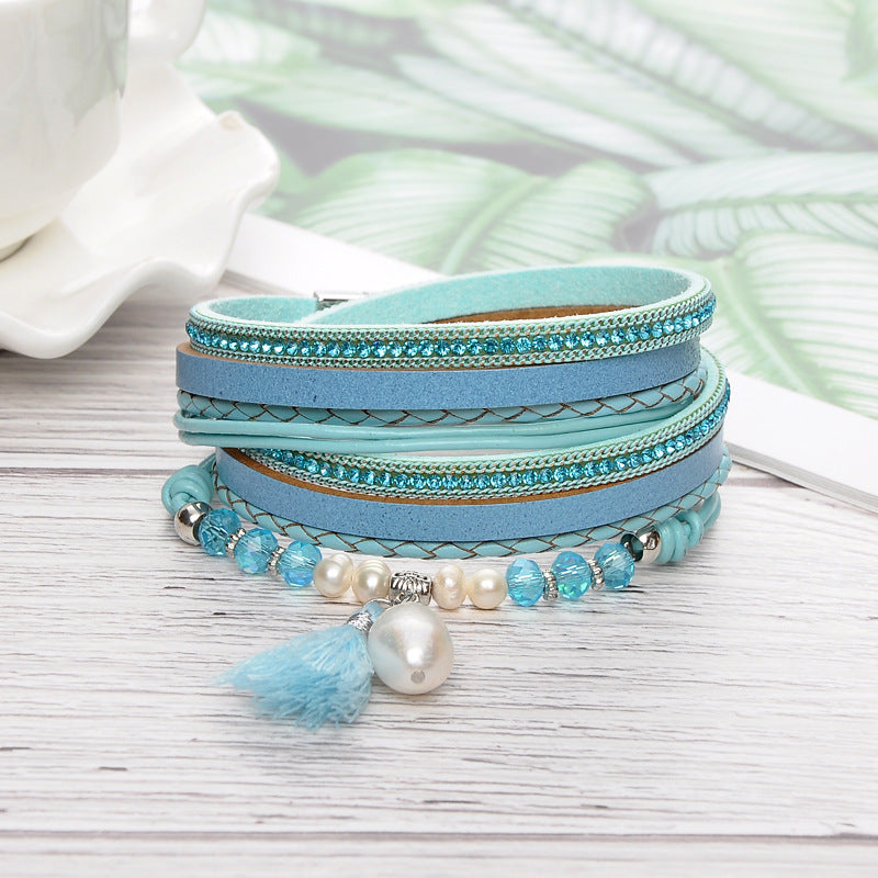 HUFE Stylish Amazon Best-Selling Multi-Layer Cowhide Women's Bracelet with Freshwater Pearl, Crystal, and Tassel Details and Magnetic Closure