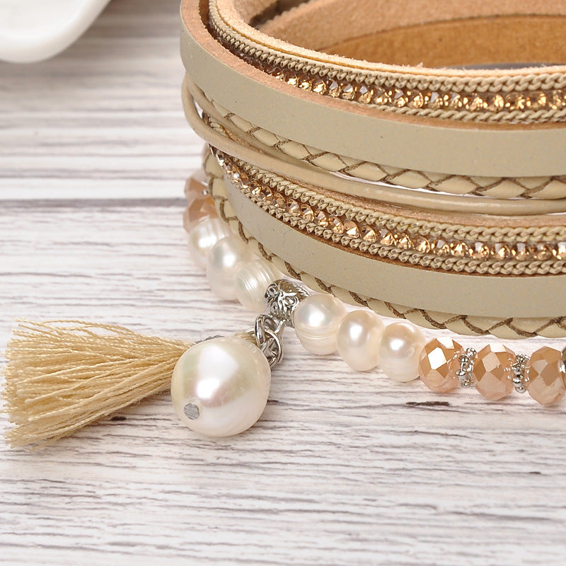 HUFE Stylish Amazon Best-Selling Multi-Layer Cowhide Women's Bracelet with Freshwater Pearl, Crystal, and Tassel Details and Magnetic Closure