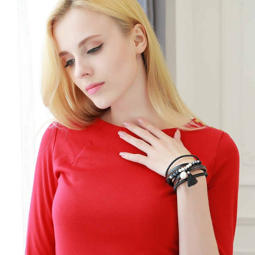 HUFE Stylish Amazon Best-Selling Multi-Layer Cowhide Women's Bracelet with Freshwater Pearl, Crystal, and Tassel Details and Magnetic Closure