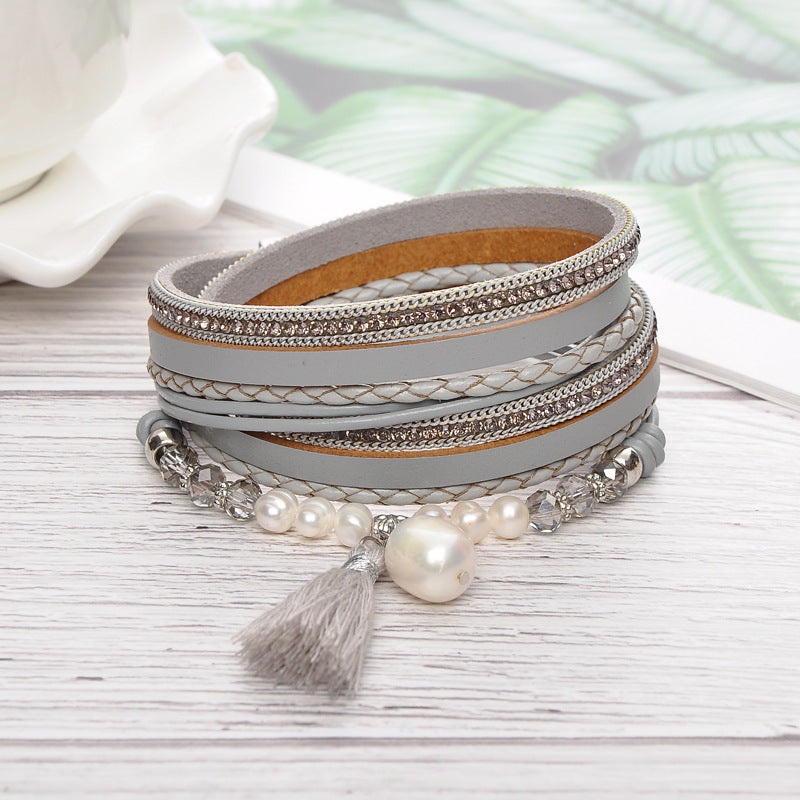 HUFE Stylish Amazon Best-Selling Multi-Layer Cowhide Women's Bracelet with Freshwater Pearl, Crystal, and Tassel Details and Magnetic Closure