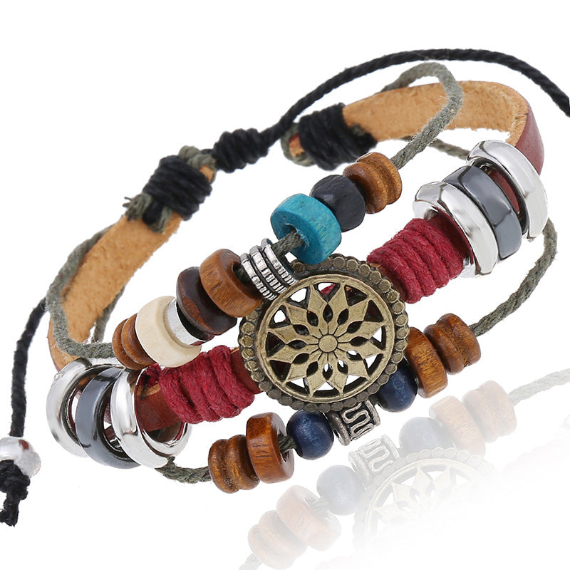 HUFEVintage Personality Cowhide Bracelet - Fashion Temperament Versatile Beaded Leather Jewelry