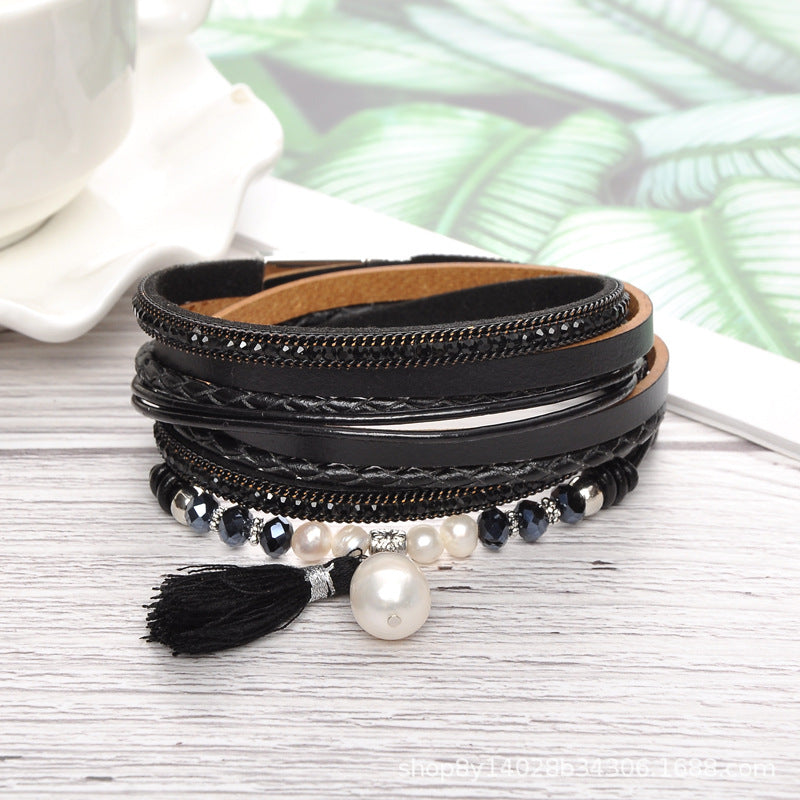 HUFE Stylish Amazon Best-Selling Multi-Layer Cowhide Women's Bracelet with Freshwater Pearl, Crystal, and Tassel Details and Magnetic Closure