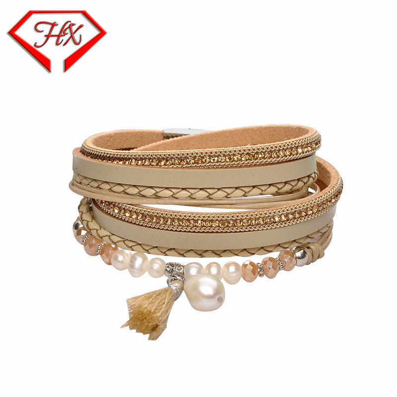 HUFE Stylish Amazon Best-Selling Multi-Layer Cowhide Women's Bracelet with Freshwater Pearl, Crystal, and Tassel Details and Magnetic Closure