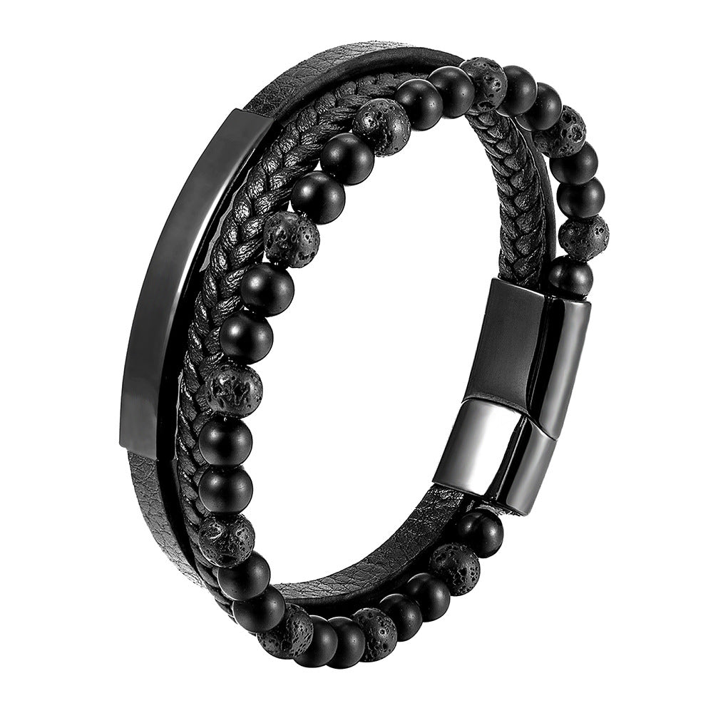 Natural Stone Volcano Stone Leather Bracelet Stainless Steel Leather Weaving Bracelet Multi layer Men's Titanium Steel Jewelry