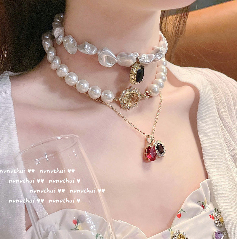 HUFE Oil Painting Pomegranate Red Dan-shaped Big Gemstone Necklace Designer plated 18K gold rainbow zircon baroque pearl necklace