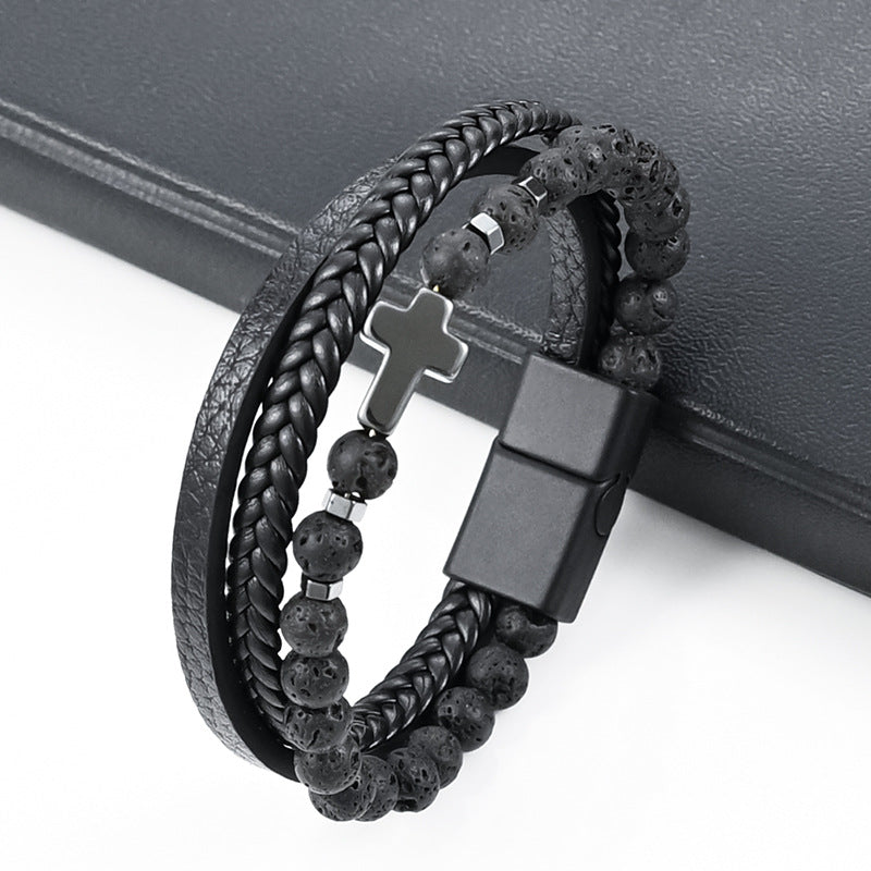 HUFE Hot selling natural stone bracelet, tiger eye stone alloy buckle, men's cross bracelet accessory