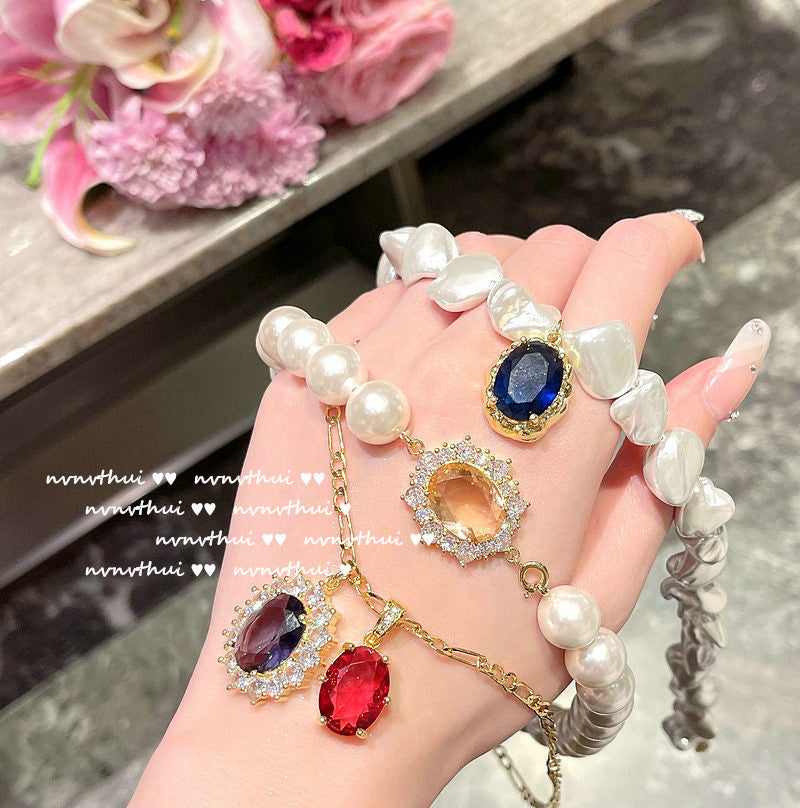 HUFE Oil Painting Pomegranate Red Dan-shaped Big Gemstone Necklace Designer plated 18K gold rainbow zircon baroque pearl necklace