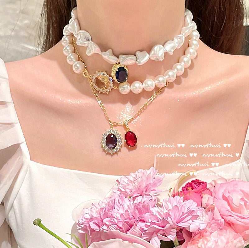 HUFE Oil Painting Pomegranate Red Dan-shaped Big Gemstone Necklace Designer plated 18K gold rainbow zircon baroque pearl necklace