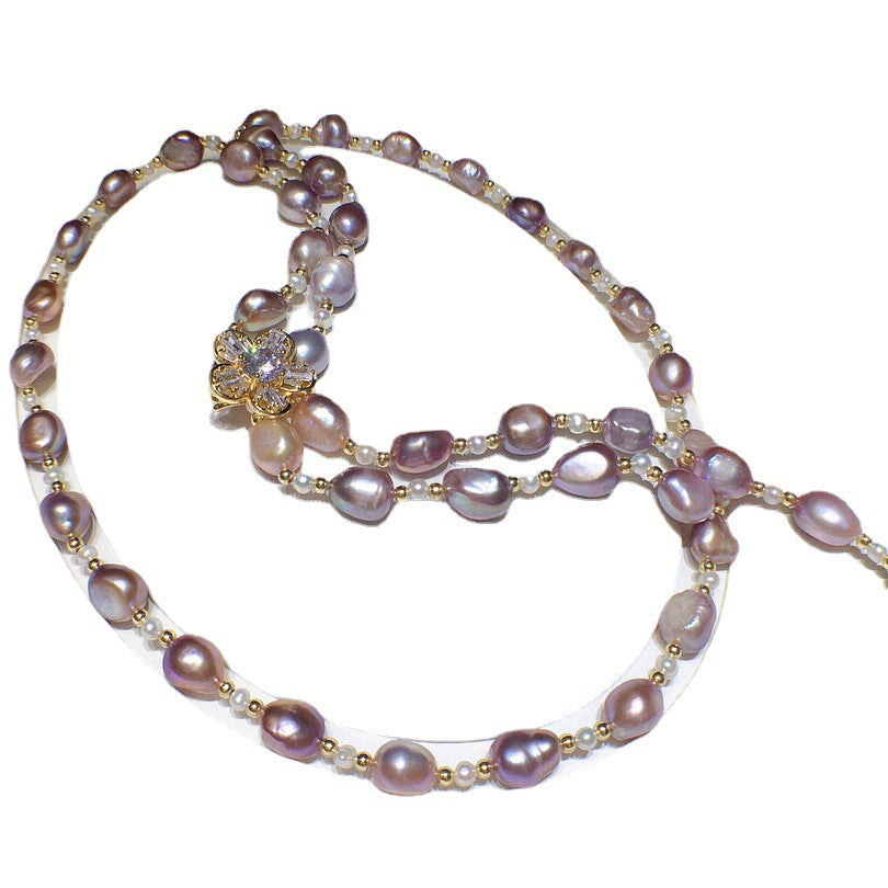 HUFE Natural Baroque Sweater Chain Purple Freshwater Pearl Jewelry Fashion Simple Versatile Pearl Necklace for Women