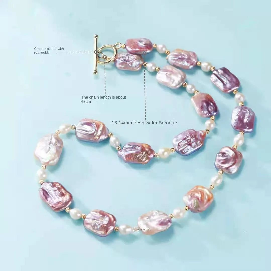 HUFEdiy Gradient Asymmetric Baroque Freshwater Pearl Necklace, Ins Temperament Minimalist Fashion Pendant for Women, Trendy