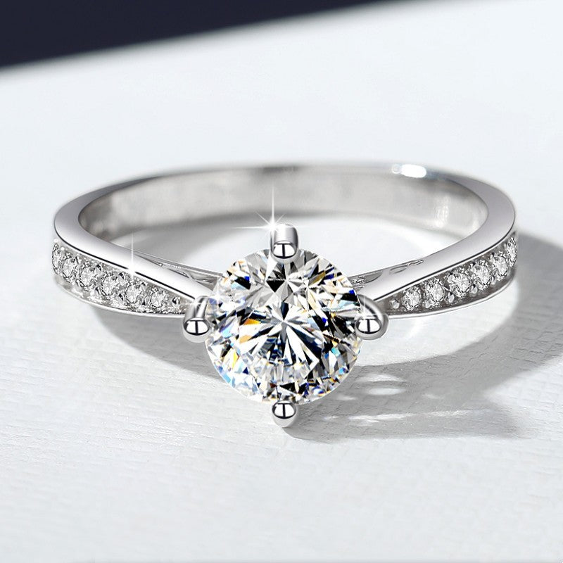 HUFE Genuine D Color 1 Carat Moissanite Diamond Ring 18kgold plated S925 Sterling Silver Women's Ring Four Prong Crown Wedding Simulation Diamond (High-end Packaging)