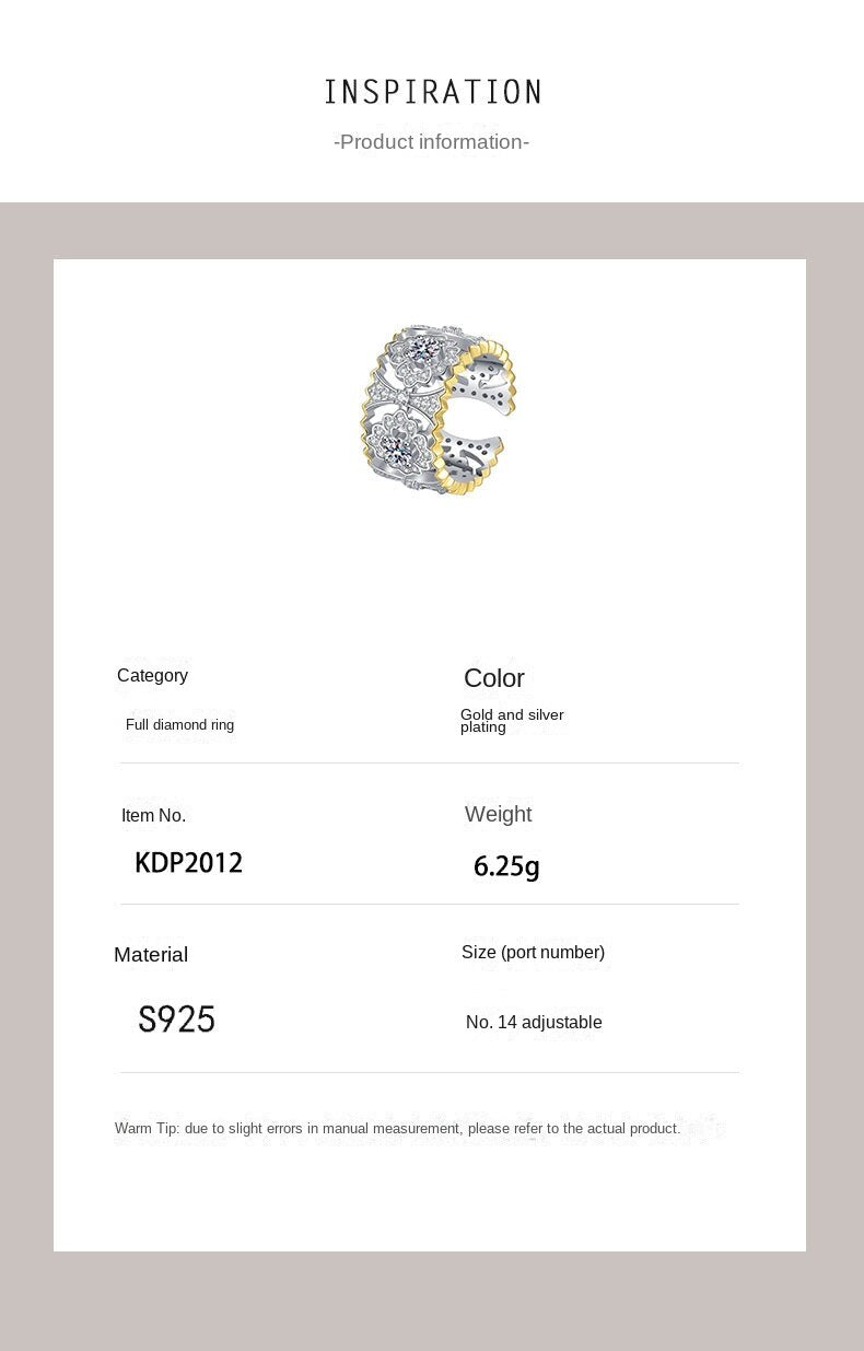 HUFES925 Sterling Silver Divided Gold Full Diamond Petal Ring Simple, Light, Luxury, Versatile, Simple, Elegant, High Class, Small and Cold Design