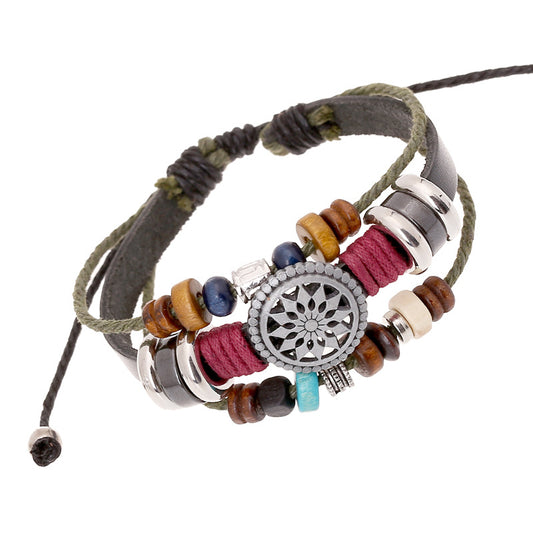 HUFEVintage Personality Cowhide Bracelet - Fashion Temperament Versatile Beaded Leather Jewelry