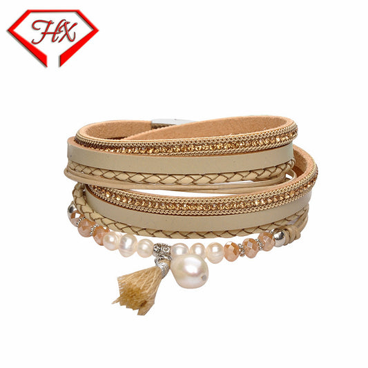 HUFE Stylish Amazon Best-Selling Multi-Layer Cowhide Women's Bracelet with Freshwater Pearl, Crystal, and Tassel Details and Magnetic Closure