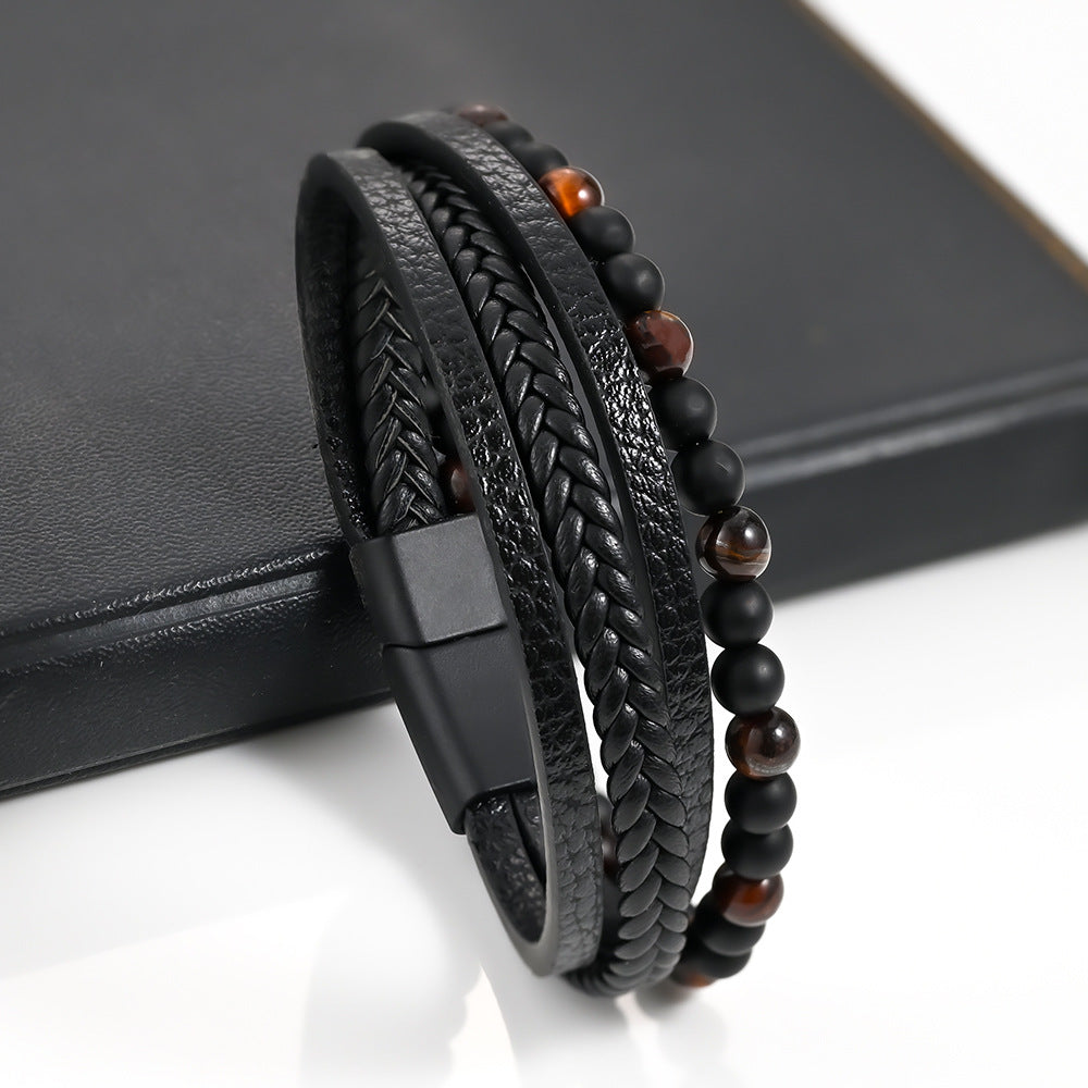 HUFE Fashionable Men's Multilayer Braided Bracelet with Natural Stone Alloy Leather Beads for European and American Ins Style