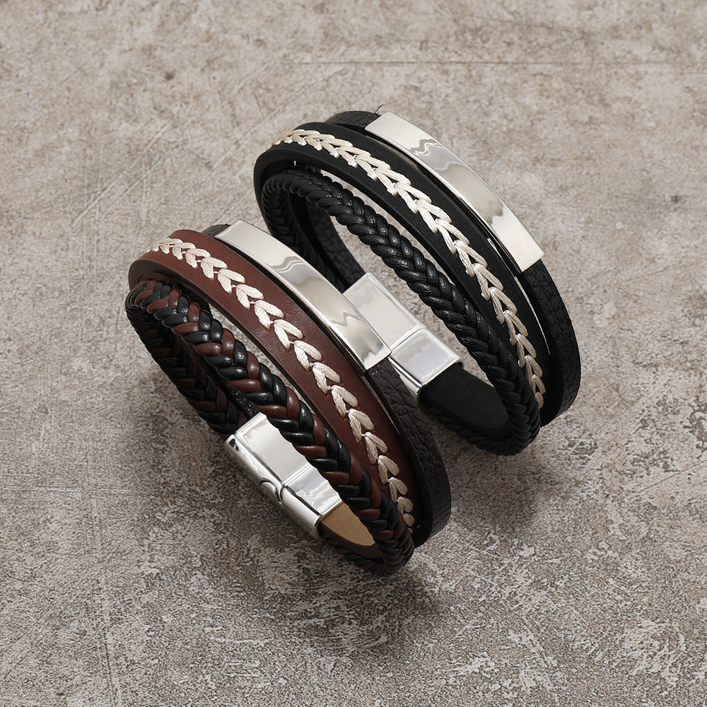 Amazon's new personalized multi-layer leather bracelet with titanium steel accessories and alloy magnetic buckle for simple commuting bracelet