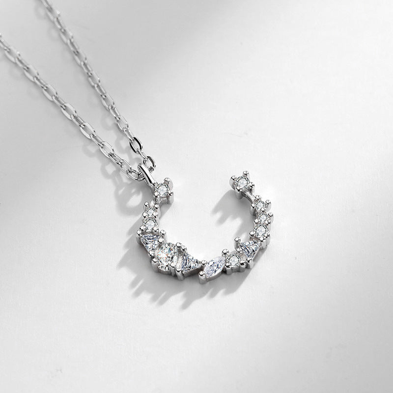 HUFEs925 Sterling Silver Sparkling Diamond Irregular Crescent Temperament Moon Necklace Women's Simple Versatile Clavicle Chain Gift