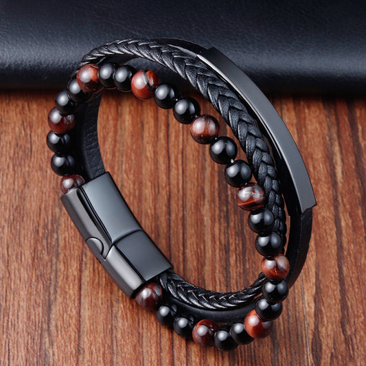 Natural Stone Volcano Stone Leather Bracelet Stainless Steel Leather Weaving Bracelet Multi layer Men's Titanium Steel Jewelry