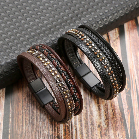 HUFE Fashionable Studded Leather and Cord Bracelet with Magnetic Clasp for Men