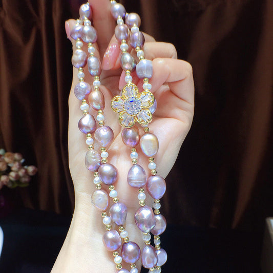 HUFE Natural Baroque Sweater Chain Purple Freshwater Pearl Jewelry Fashion Simple Versatile Pearl Necklace  for Women