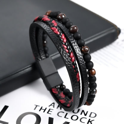 HUFE Fashionable Men's Multilayer Braided Bracelet with Natural Stone Alloy Leather Beads for European and American Ins Style