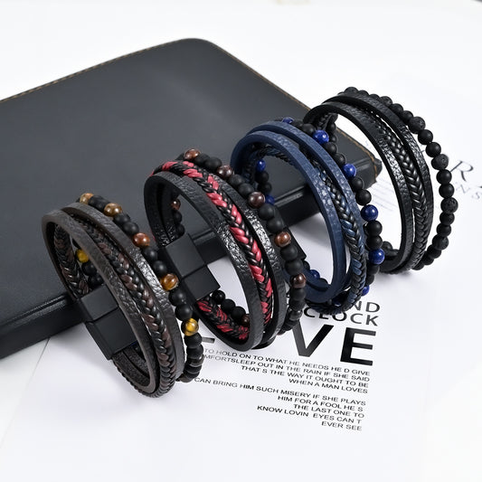 HUFE Fashionable Men's Multilayer Braided Bracelet with Natural Stone Alloy Leather Beads for European and American Ins Style