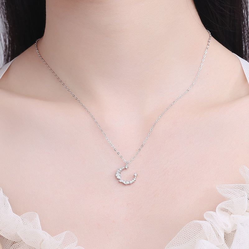 HUFEs925 Sterling Silver Sparkling Diamond Irregular Crescent Temperament Moon Necklace Women's Simple Versatile Clavicle Chain Gift