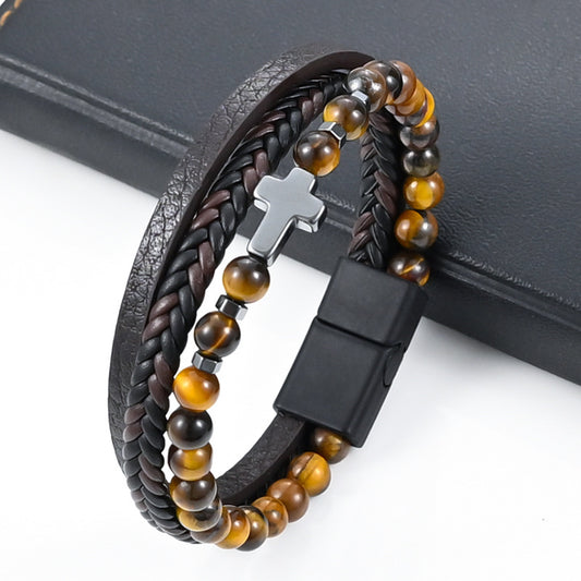 HUFE Hot selling natural stone bracelet, tiger eye stone alloy buckle, men's cross bracelet accessory