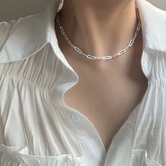 HUFE925 Sterling Silver Sparkling Italian Car Flower Mouth Necklace Simple ins Cold and Minimalist Style Stacked Collar Chain
