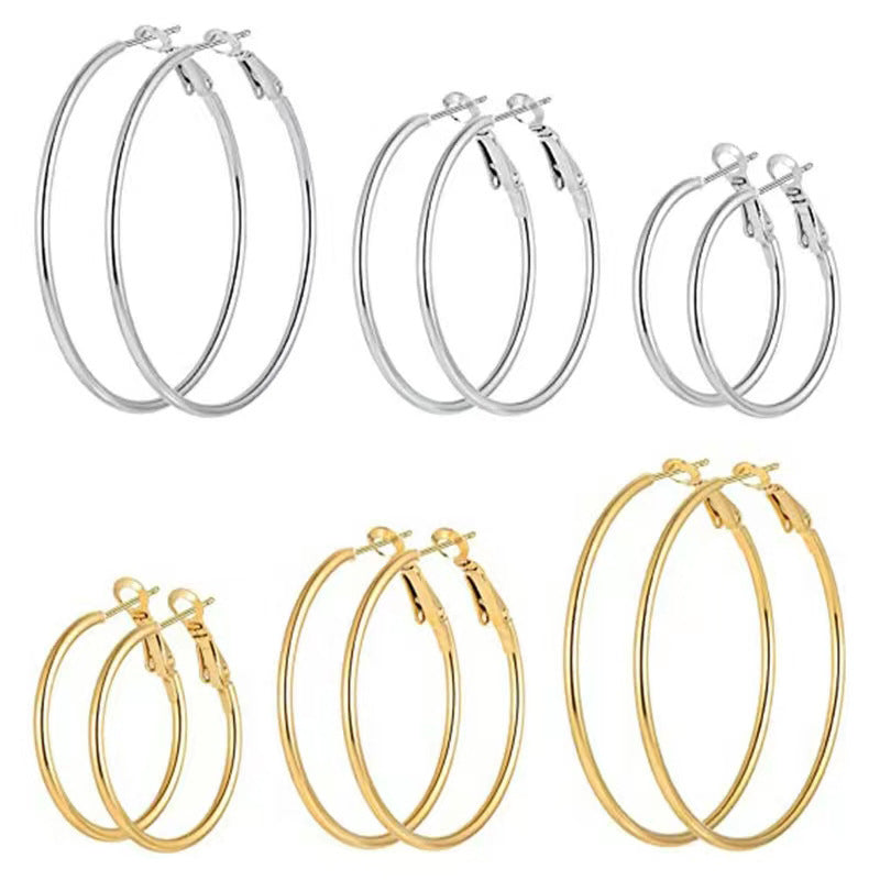 HUFE (buy other product gifts) European and American fashion 14k gold-plated stainless steel earrings|large circle shrimp clasp|earring set|titanium steel earmuffs women's jewelry