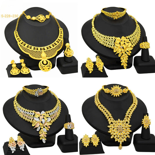 Exquisite Dubai 24K Gold Bridal Necklace, Ring, Earrings, Bracelet - Indian South African Women's Jewelry Set, 4 Pieces - The Epitome of Elegance